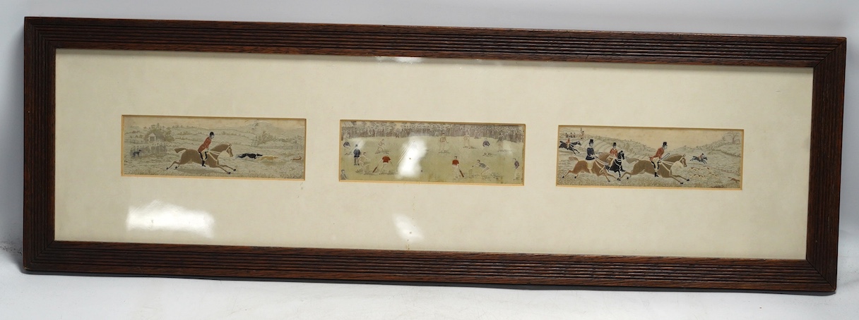 Three Stevengraphs, framed in one, including the cricketing scene, 'The First Over'. Condition - fair to good